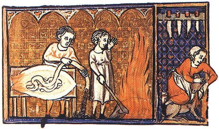 14th-century Femish illumination of sausage making.